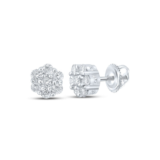 14K White Or Yellow Gold Round Diamond Flower Cluster Earrings