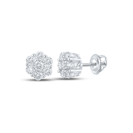 14K White Gold Round Diamond Flower Cluster Earrings 1/2 Cttw