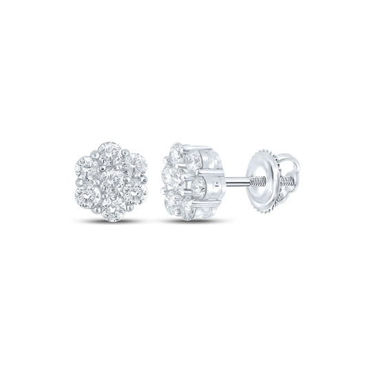 14K White Or Yellow Gold Round Diamond Flower Cluster Earrings