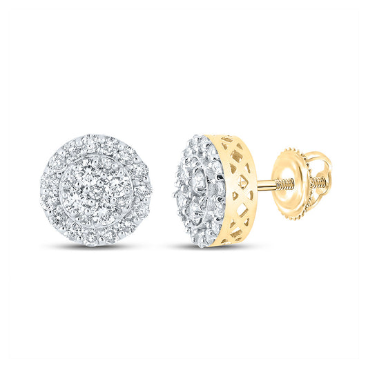14K Yellow Gold Round Diamond Cluster Earrings 7/8 Cttw, Length: 0.34 In, Width: 0.34 In