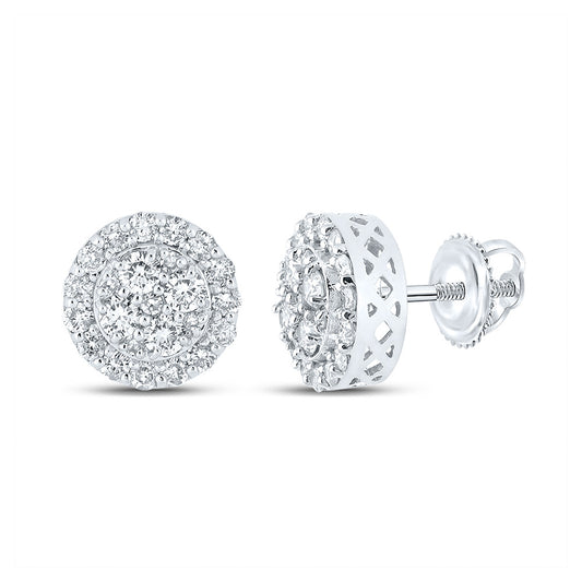14K White Gold Round Diamond Cluster Earrings 7/8 Cttw, Length: 0.34 In, Width: 0.34 In