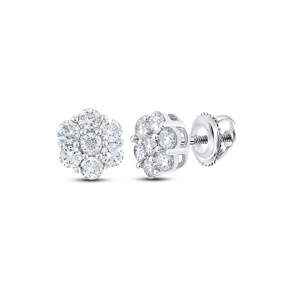 14K Yellow Or White Or Rose Gold Round Diamond Flower Cluster Earrings