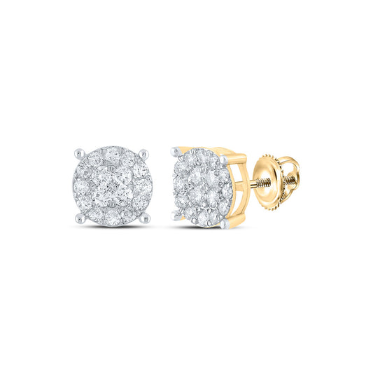 14K Yellow Gold Round Diamond Cluster Earrings 3/4 Cttw, Length: 0.31 In, Width: 0.31 In