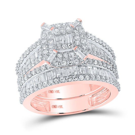 14K Rose Gold Baguette Diamond Square Bridal Wedding Ring Band Set 1-3/4 Cttw, Womens Size: 5-10