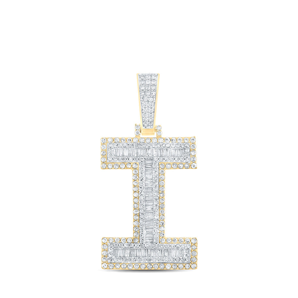 10K Or 14K Two-tone Gold Mens Baguette Diamond Initial Letter Charm Pendant