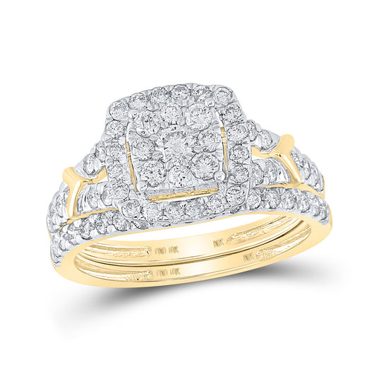 10K Yellow Gold Round Diamond Cluster Bridal Wedding Ring Band Set 1 Cttw, Womens Size: 5-10