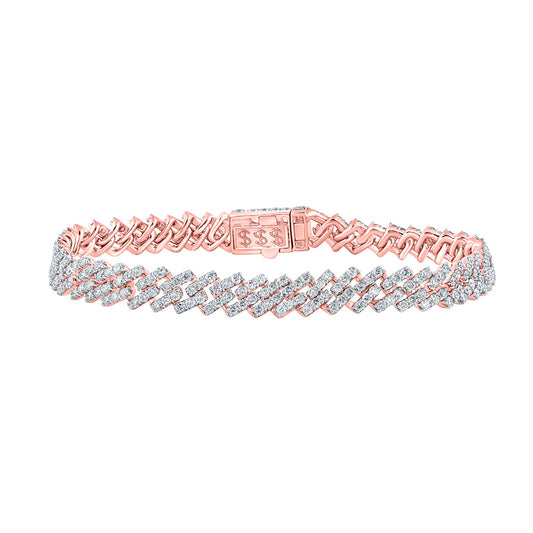 14K Rose Gold Mens Round Diamond 8.5-inch Straight Cuban Link Bracelet 7-5/8 Cttw