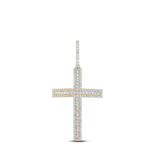 10K Yellow Gold Mens Round Diamond Cross Charm Pendant 4 Cttw, Length: 3.04 In, Width: 1.55 In
