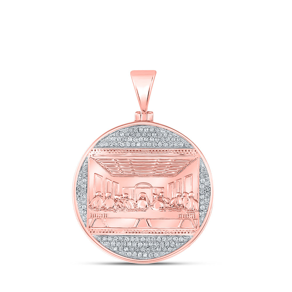 10K Rose Gold Mens Round Diamond Last Supper Circle Charm Pendant 1/2 Cttw, Length: 1.59 In, Width: 1.15 In
