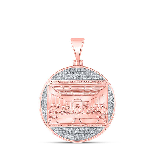10K Rose Gold Mens Round Diamond Last Supper Circle Charm Pendant 1/2 Cttw, Length: 1.59 In, Width: 1.15 In