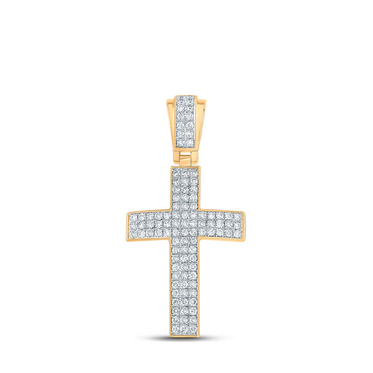 10K Yellow Gold Mens Round Diamond Cross Charm Pendant 1 Cttw, Length: 1.67 In, Width: 0.82 In