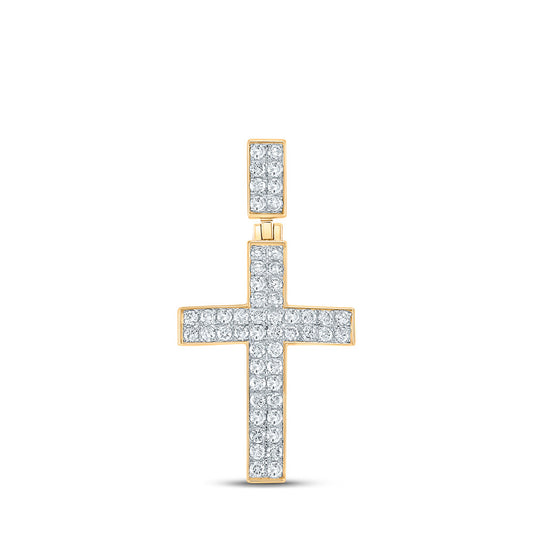 10K Yellow Gold Mens Round Diamond Cross Charm Pendant 1 Cttw, Length: 1.54 In, Width: 0.78 In