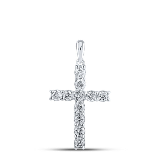 10K White Gold Womens Round Diamond Cross Pendant 3/4 Cttw, Length: 1.07 In