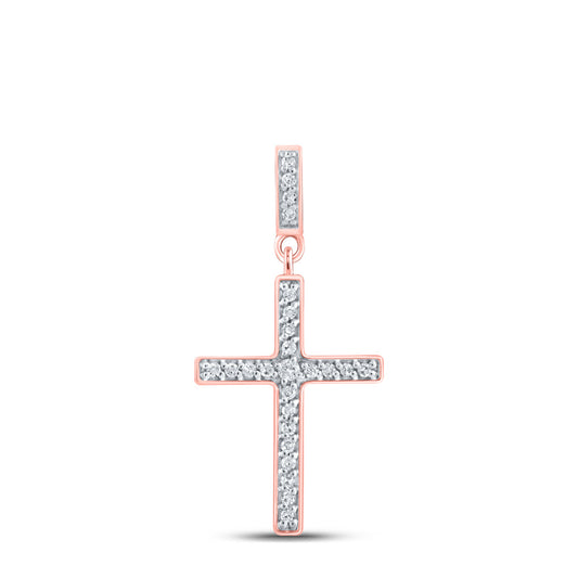 10K Rose Gold Womens Round Diamond Cross Pendant 1/10 Cttw, Length: 1.02 In