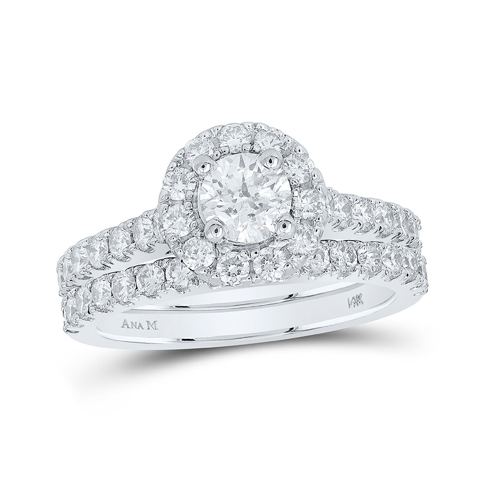 14K White Gold Round Diamond Halo Bridal Wedding Ring Band Set 1-3/4 Cttw, Womens Size: 5-10