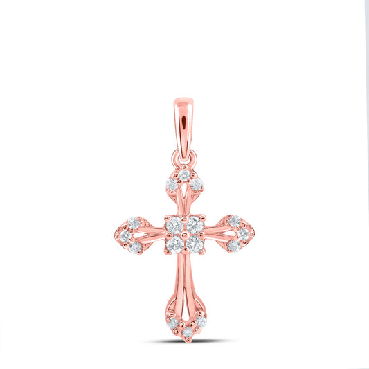 10K Rose Gold Womens Round Diamond Cross Pendant 1/6 Cttw, Length: 0.63 In