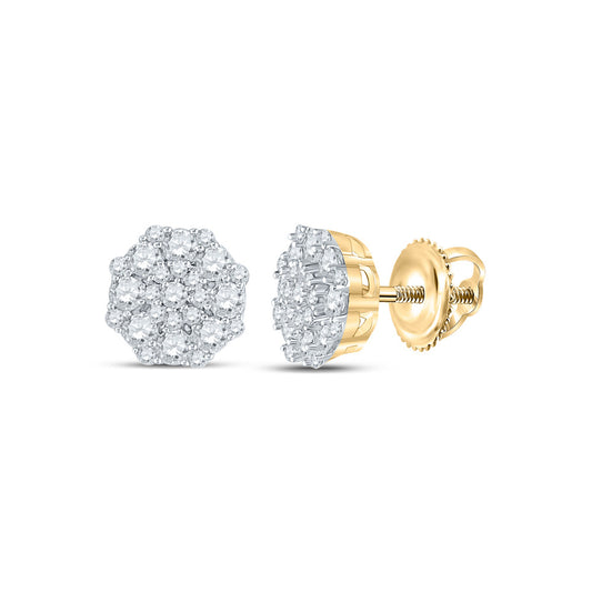 14K Yellow Gold Womens Round Diamond Octagon Cluster Earrings 5/8 Cttw