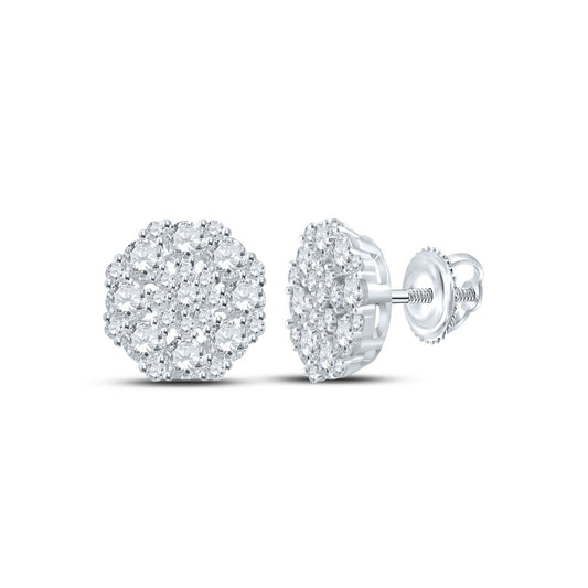 14K White Gold Womens Round Diamond Octagon Cluster Earrings 1-5/8 Cttw