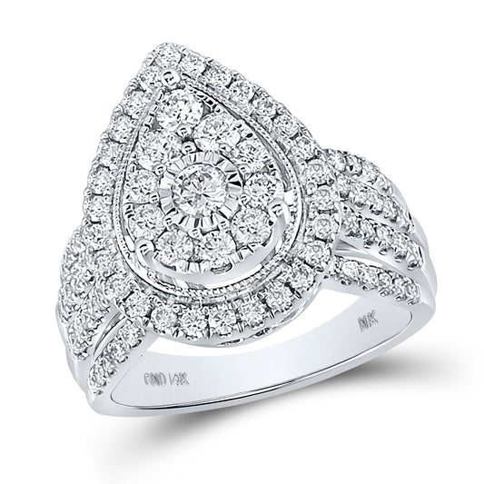 14K White Gold Round Diamond Pear-shape Cluster Bridal Wedding Engagement Ring 1-1/2 Cttw, Womens Size: 5-10