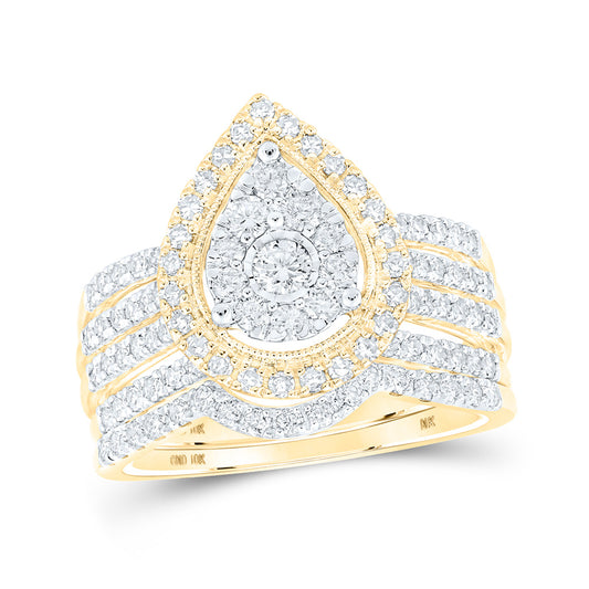 10K Yellow Gold Round Diamond Pear-shape Bridal Wedding Ring Band Set 1 Cttw, Womens Size: 5-10