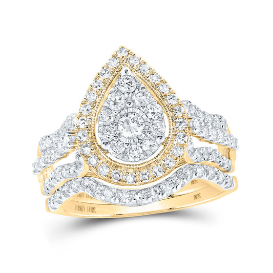 10K Yellow Gold Round Diamond Teardrop Bridal Wedding Ring Band Set 1 Cttw, Womens Size: 5-10