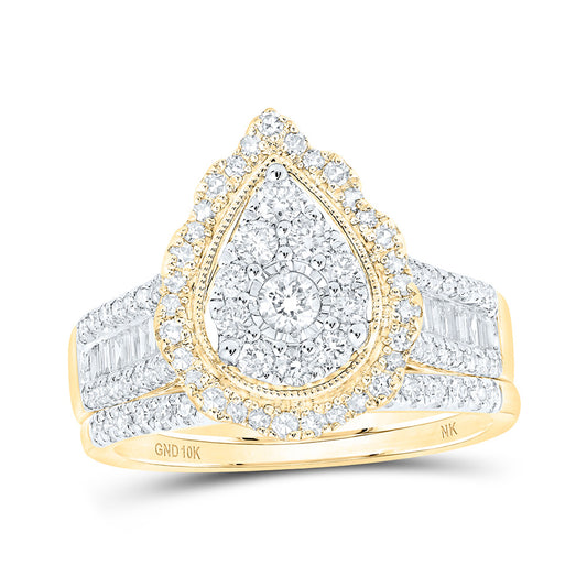 10K Yellow Gold Round Diamond Teardrop Bridal Wedding Ring Band Set 1 Cttw, Womens Size: 5-10