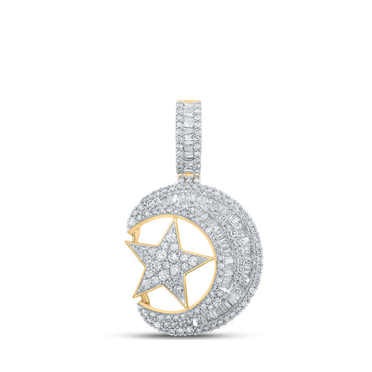 10K Yellow Gold Womens Baguette Diamond Crescent Moon Star Pendant 3-5/8 Cttw