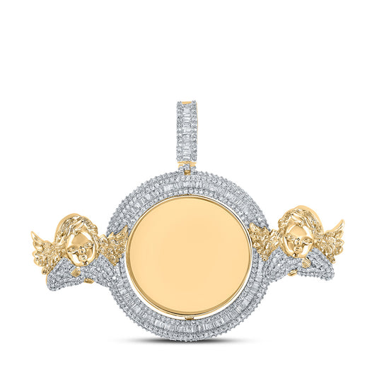 10K Yellow Gold Mens Round Diamond Angel Memory Circle Charm Pendant 5-7/8 Cttw