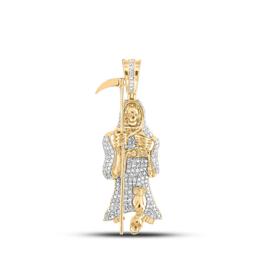 10K Yellow Gold Mens Round Diamond Grim Reaper Charm Pendant 3/4 Cttw, Length: 1.61 In, Width: 0.54 In