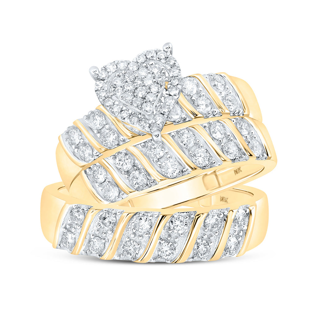 10K White Or Yellow Gold His Hers Round Diamond Heart Matching Wedding Set , Womens Size: 5-10, Mens Size: 7-13