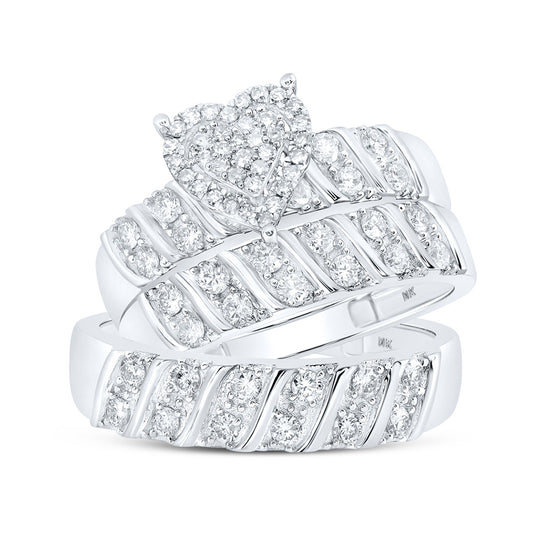 10K White Or Yellow Gold His Hers Round Diamond Heart Matching Wedding Set , Womens Size: 5-10, Mens Size: 7-13