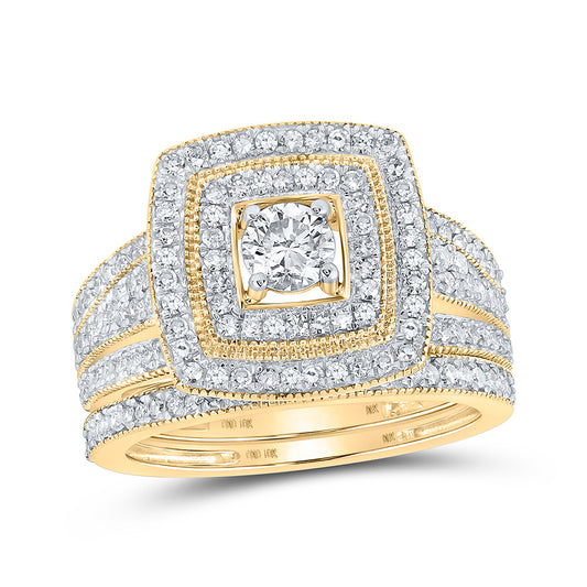 10K Yellow Gold Round Diamond Square Halo Bridal Wedding Ring Band Set 1 Cttw, Womens Size: 5-10