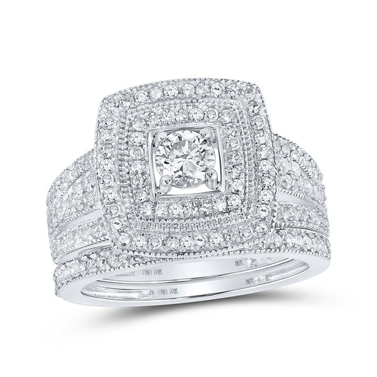 10K White Gold Round Diamond Halo Bridal Wedding Ring Band Set 1 Cttw, Womens Size: 5-10
