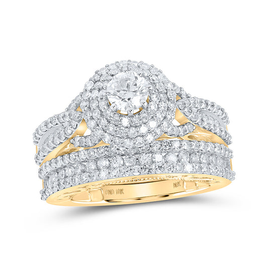 10K Yellow Gold Round Diamond Halo Bridal Wedding Ring Band Set 2-1/4 Cttw, Womens Size: 5-10