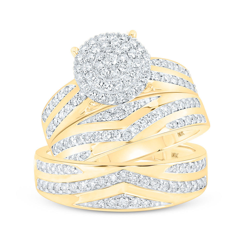 10K White Or Yellow Gold His Hers Round Diamond Cluster Matching Wedding Set, Womens Size: 5-10, Mens Size: 7-13