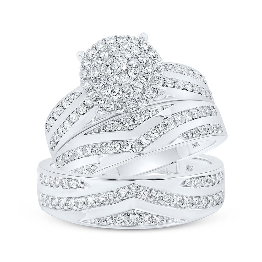 10K White Or Yellow Gold His Hers Round Diamond Cluster Matching Wedding Set, Womens Size: 5-10, Mens Size: 7-13