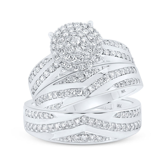 10K White Or Yellow Gold His Hers Round Diamond Cluster Matching Wedding Set, Womens Size: 5-10, Mens Size: 7-13