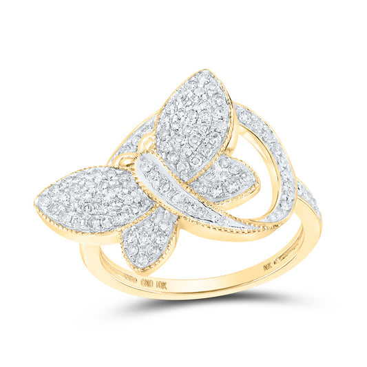 10K Yellow Gold Womens Round Diamond Butterfly Ring 1/2 Cttw, Womens Size: 5-10