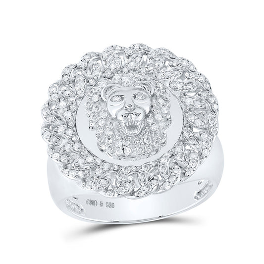 10K Yellow Gold Or Sterling Silver  Mens Round Diamond Lion Cuban Link Circle Ring 7/8 Cttw, Mens Size: 7-13