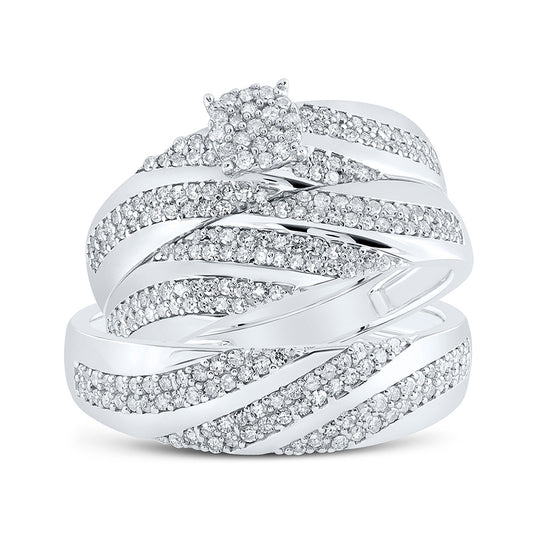 Sterling Silver His Hers Round Diamond Cluster Matching Wedding Set 7/8 Cttw, Womens Size: 5-10, Mens Size: 7-13