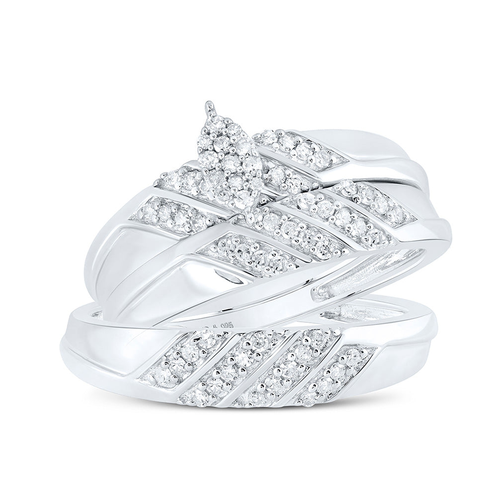 Sterling Silver His Hers Round Diamond Cluster Matching Wedding Set 1/3 Cttw, Womens Size: 5-10, Mens Size: 7-13