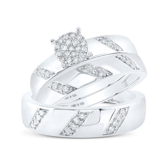 Sterling Silver His Hers Round Diamond Cluster Matching Wedding Set 1/4 Cttw, Womens Size: 5-10, Mens Size: 7-13