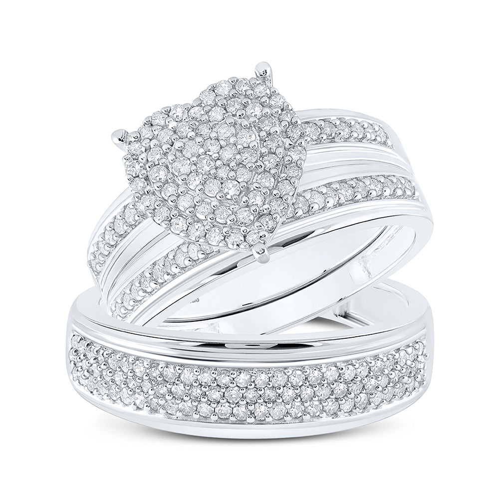 Sterling Silver His Hers Round Diamond Heart Matching Wedding Set 7/8 Cttw, Womens Size: 5-10, Mens Size: 7-13