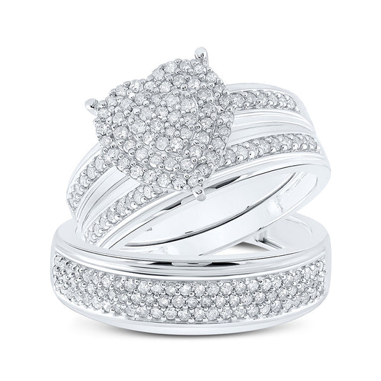 Sterling Silver His Hers Round Diamond Heart Matching Wedding Set 7/8 Cttw, Womens Size: 5-10, Mens Size: 7-13