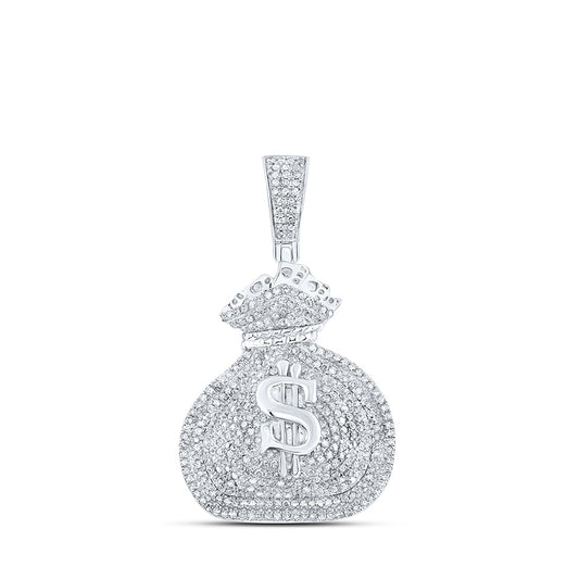 Sterling Silver Mens Round Diamond Money Bag Charm Pendant 1 Cttw, Length: 1.15 In, Width: 0.89 In