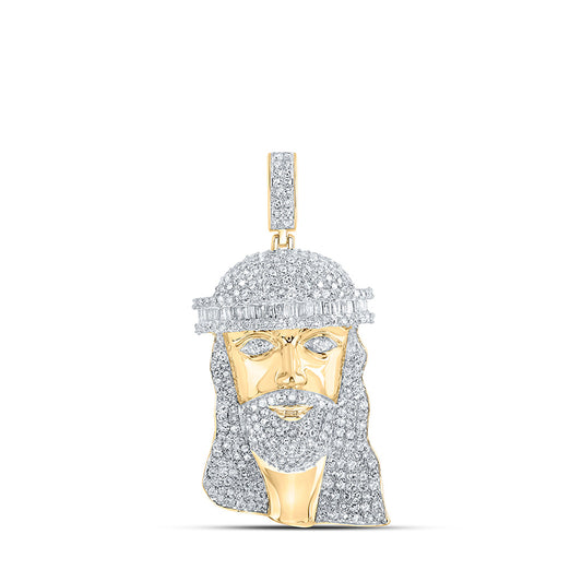 10K Yellow Gold Mens Round Diamond Jesus Face Charm Pendant 2 Cttw, Length: 1.05 In, Width: 0.78 In