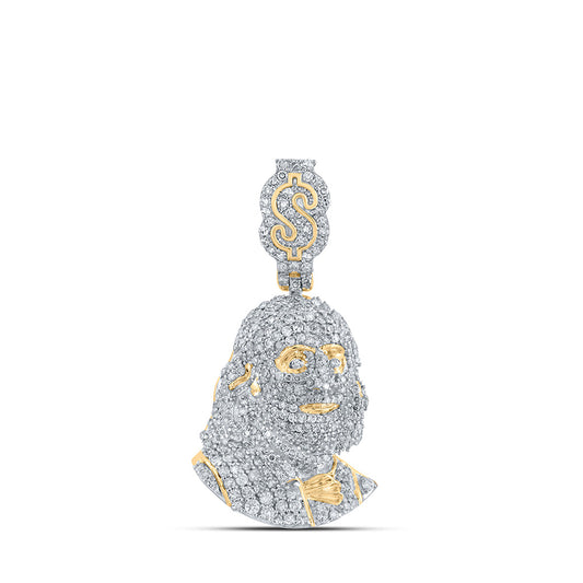 10K Yellow Gold Mens Round Diamond Ben Franklin Dollar Sign Charm Pendant 1-3/8 Cttw