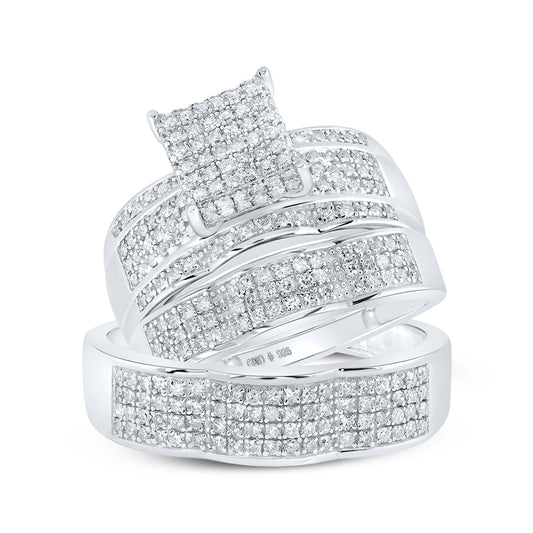 Sterling Silver His Hers Round Diamond Square Matching Wedding Set 7/8 Cttw, Womens Size: 5-10, Mens Size: 7-13