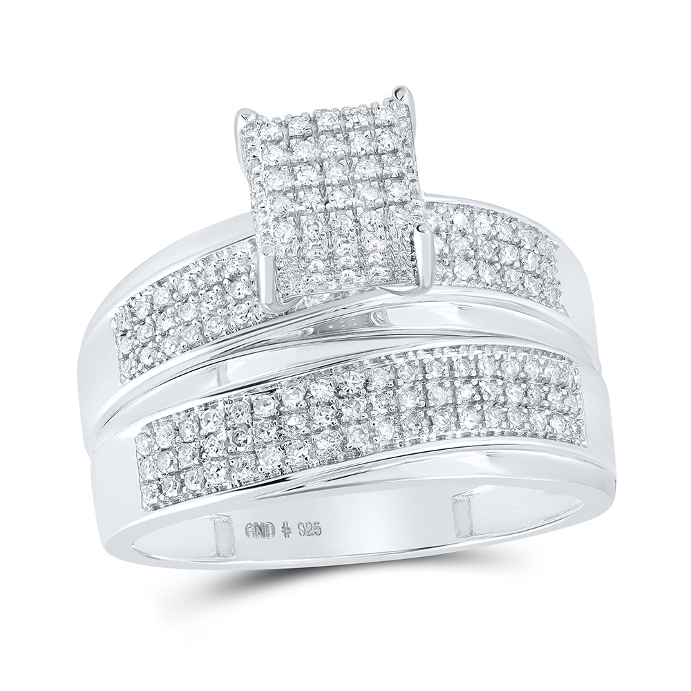 Sterling Silver His Hers Round Diamond Cluster Matching Wedding Set 1/2 Cttw, Womens Size: 5-10, Mens Size: 7-13