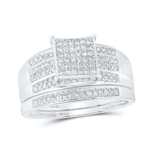 Sterling Silver Round Diamond Square Bridal Wedding Ring Band Set 3/8 Cttw, Womens Size: 5-10